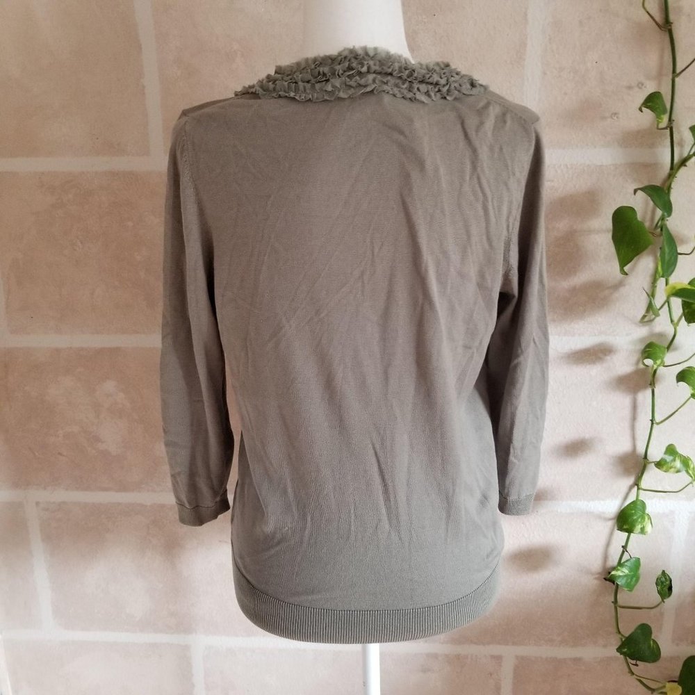 Talbots Olive Ruffle Trim Cardigan Sweater Sage Green Grey Sz Medium NEW NWOT - Picture 2 of 10